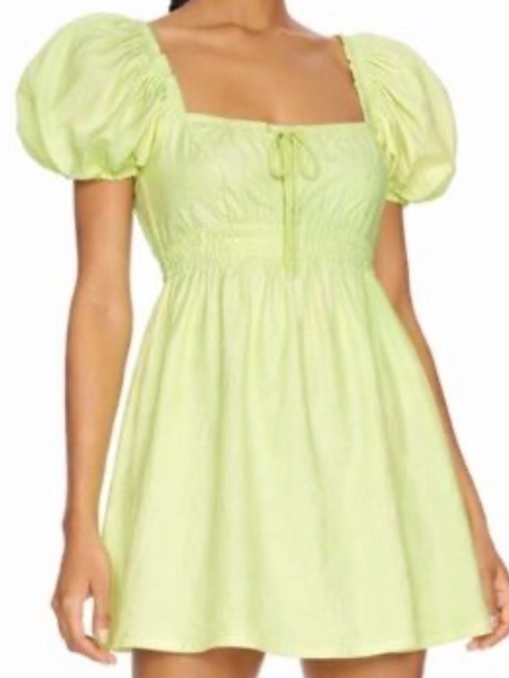 Camila Coelho Linen Blend Puff Sleeve Smoked Back Mini Dress in Green Apple M